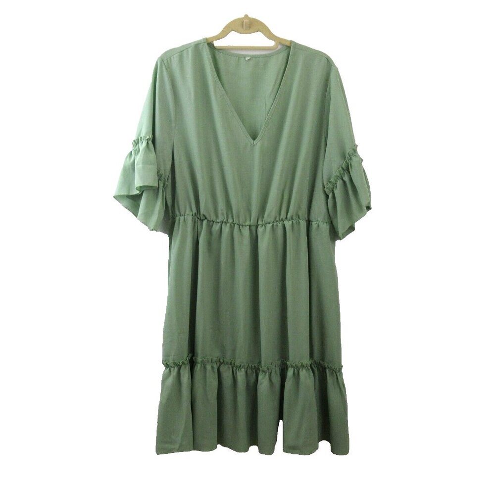 Shein Womens Dress Size 3XL Green Ruffle Tiered 3/4 Flutter Sleeve V-Neck Flowy